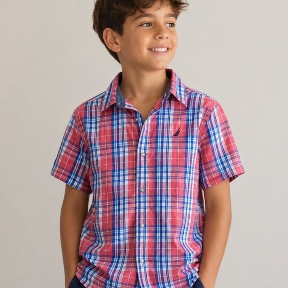 Nautica Boys Red Blue White Plaid Short Sleeve Button Down Shirt Size M 10/12